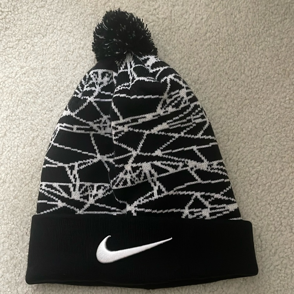 nike pom pom black white knit foldover beanie